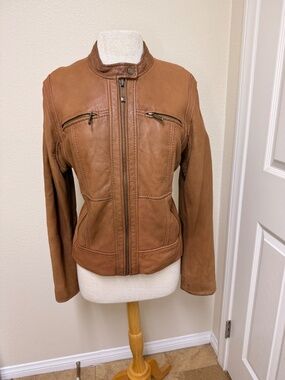 MICHAEL KORS Brown Genuine Leather Motorcycle Moto Jacket Women’s Fitted Large